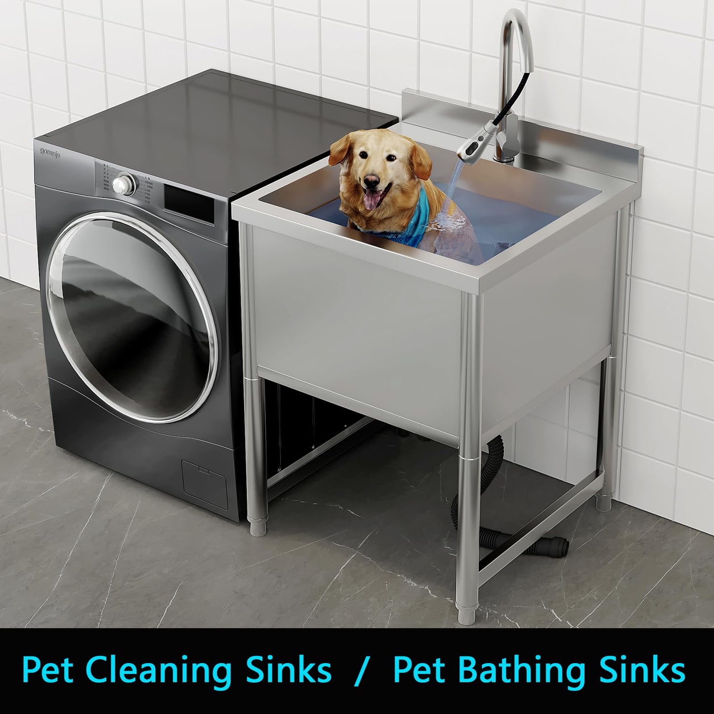 Stainless Steel Commercial Restaurant Sink, Freestanding Large Commercial Sink with Pull-out Faucet for Kitchen Dishwashing, Thawing, Pet Cleaning, Laundry Room, 23.6"D x 21.6"W x 36.8"H