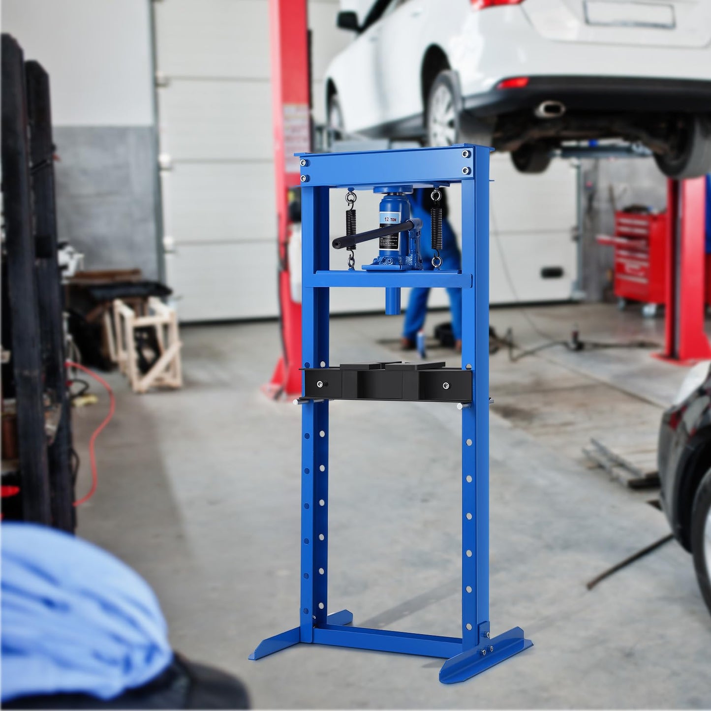 Garvee 12T Hydraulic Press, H-Frame Hydraulic Shop Press with 2 Press Plates, Heavy Duty Garage Floor Shop Press with Adjustable Work Table Height for U-Joints, Blue
