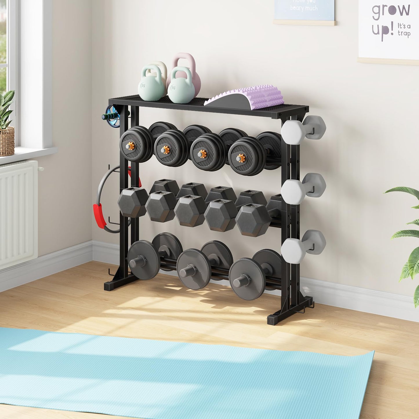 HOOBRO Dumbbell Rack - 4 Tiers Weight Rack for Home Gym, Heavy Duty Weight Storage Racks for Dumbells, Kettlebells, Barbells, Space-Saving Dumbbell Storage Stand Holder with Side Hooks, Black BK87CJ01N1