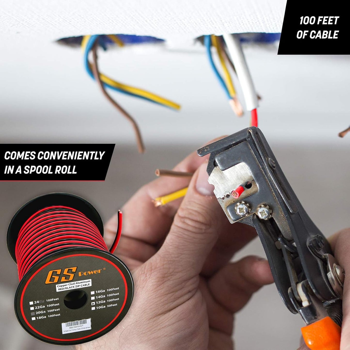 100ft 12 12 12v, GS Power CCA Gauge Wire Automotive, Red & Black Bonded, AWG Flexible Speaker Electrical Wire Low