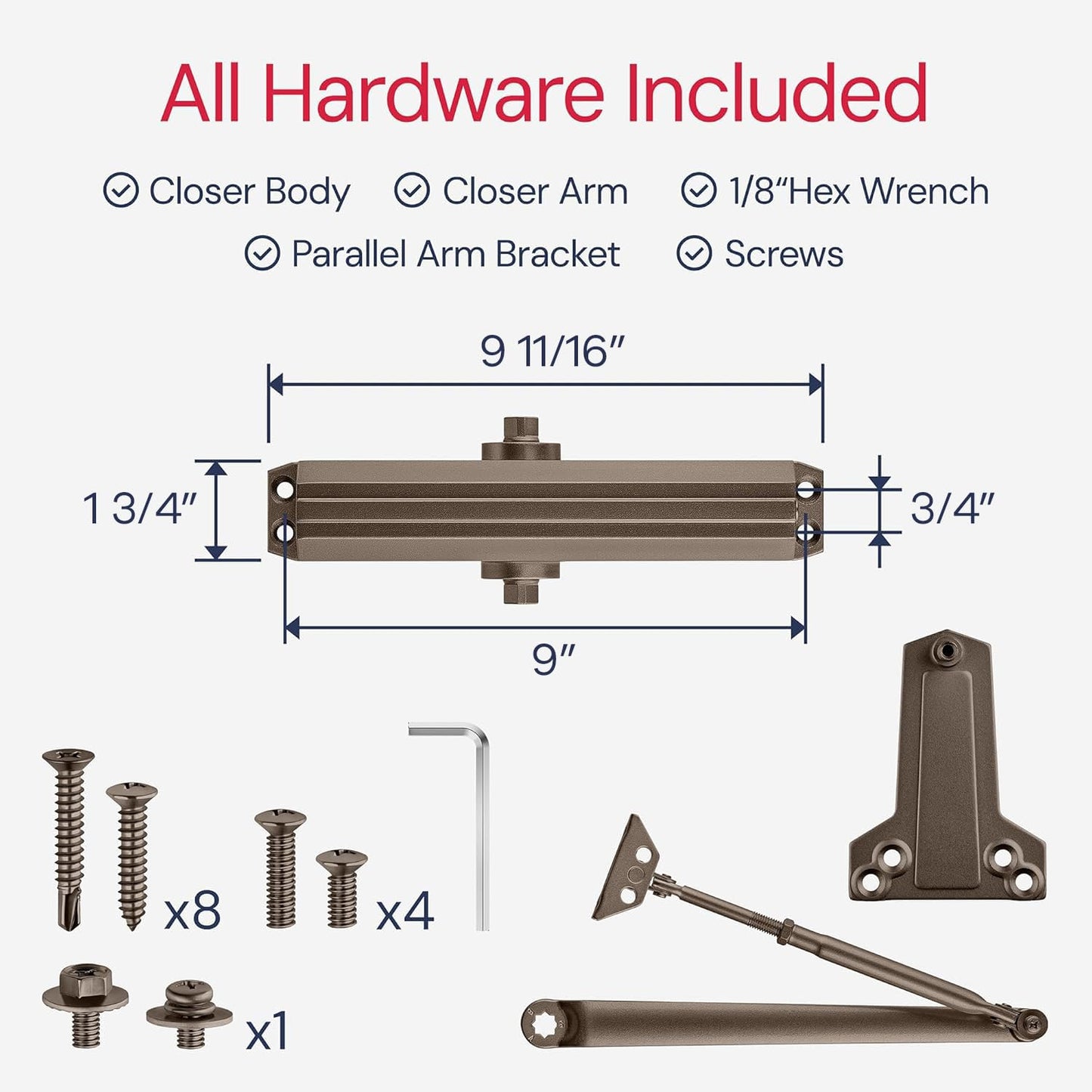 Lawrence Medium/Heavy Duty Door Closer Commercial Grade 1 - Surface-Mounted Commercial Automatic Door Closer with Adjustable 6-Speed Control and 3 Valves - Embassy Series LH5016