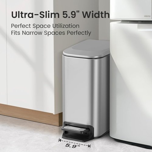 Cesun Stainless Steel Small Bathroom Trash Can - Soft Close Lid & Step Pedal | 6 Liter Mini Bin (Silver)