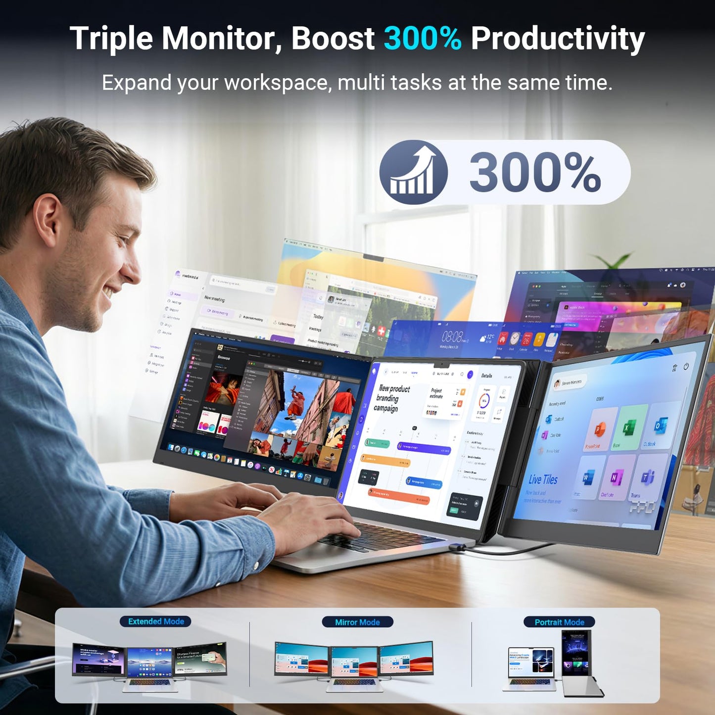 15.6" Laptop Screen Extender, 1080P FHD Triple Portable Monitor for Laptops, Ultra-Slim Travel Dual Monitor Fit for 13-17.3" Laptops, USB-C Plug&Play Extended Screen Compatible with Win/Mac/Android