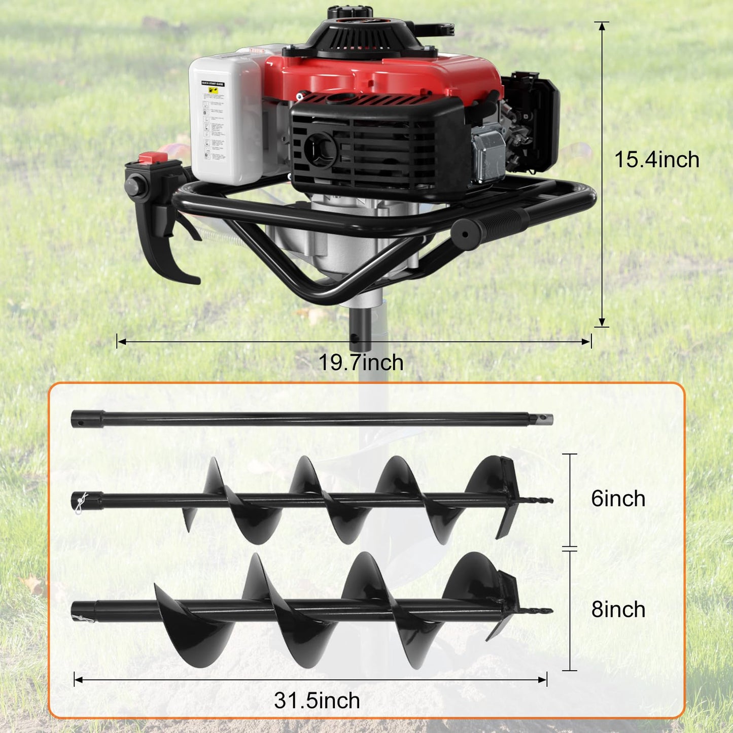 78CC 4-Stroke Auger Post Hole Digger, Single Person Gas Powered Earth Auger with 6" & 8" Drill Bits and Extension Rod, Heavy Duty Ground Drill for Fence Post, Tree Planting