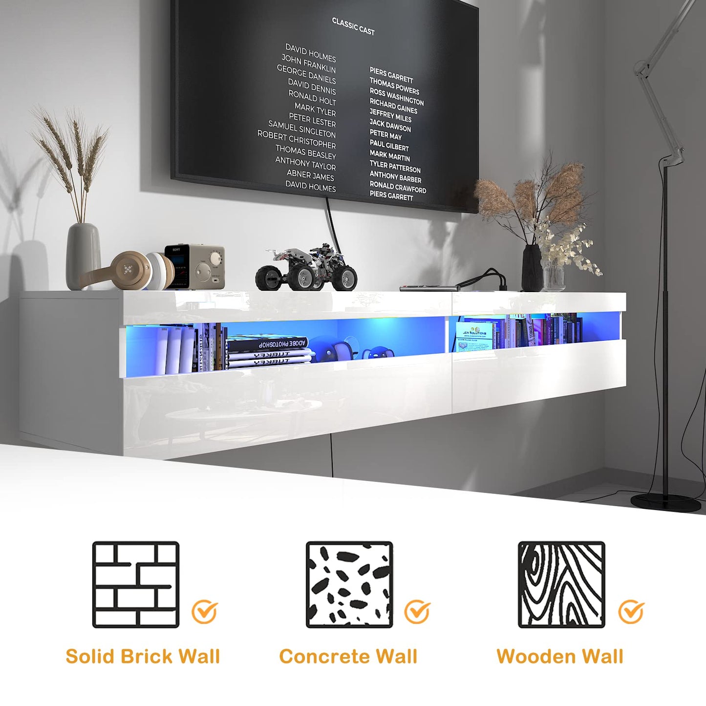 EXQUAL Solid Wood Floating TV Stand, Wall Mounted TV Shelf with Led Lights & Power Outlet, 71" Modern Entertainment Center Media Console with Storage, High Gloss TV Cabinet for 65/75/80 inch TV