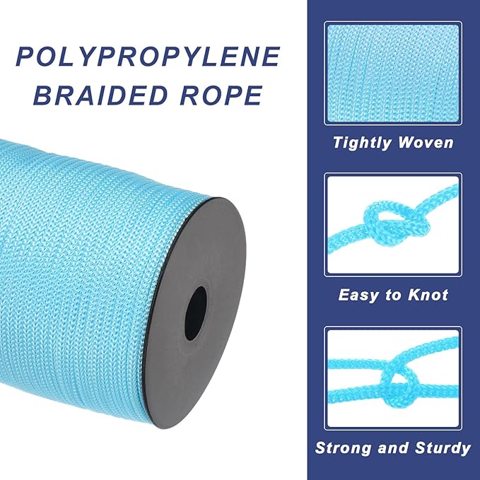MECCANIXITY 5/32 Inch Polypropylene Rope Braided Ropes, 328ft Camping Rope Hollow Utility Cord for Clothesline, Hiking, Outdoor, Sky Blue