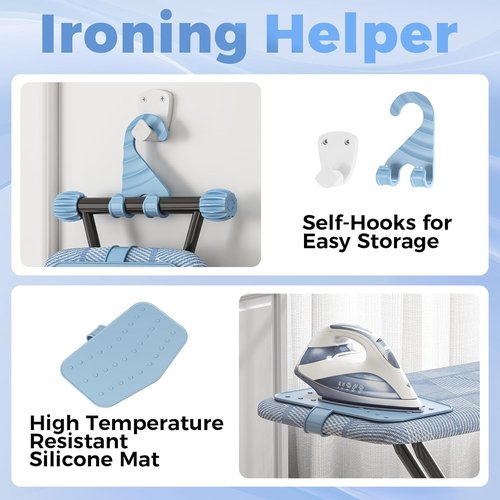 KINGBOARD Compact Ironing Board - Adjustable Height, Heat Resistant Cover, Foldable Design | 13x43 Blue