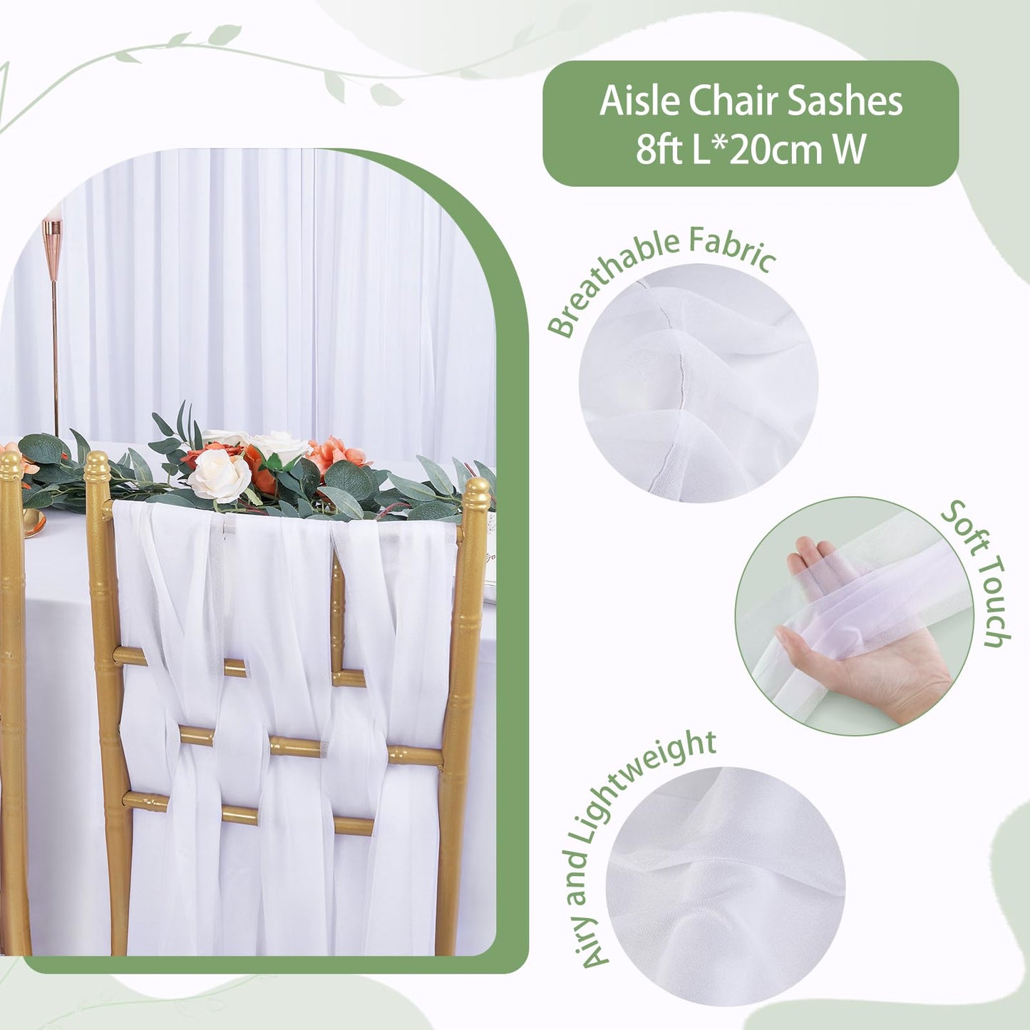 PakiInno White Chair Sashes 50 PCS Tulle Chair Cover 8ft Loing Wedding Banquet Decorations for Aisle Back and Side of Chair Sheer Drapes Fabric