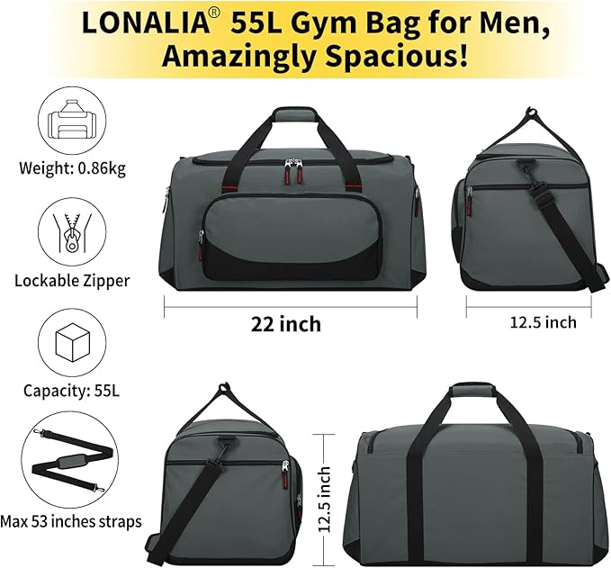 55L Large Sports Duffle Bag for Men - 22 inch Men's Gym Bag Heavy Duty Duffel Bag (Gray)