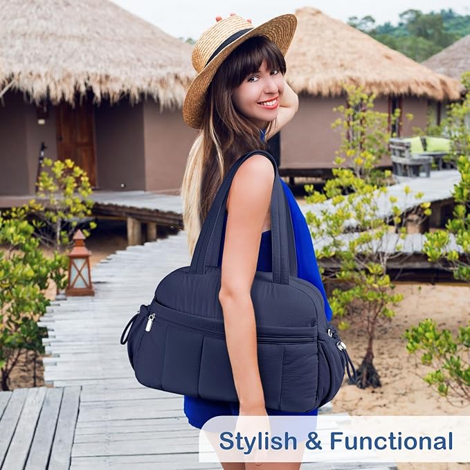 TOPDesign Travel Duffel Bag for Women, Puffer Gym Bag Sports Tote with Wet Pocket, Carry On Weekender with Luggage Sleeve (Navy Blue)
