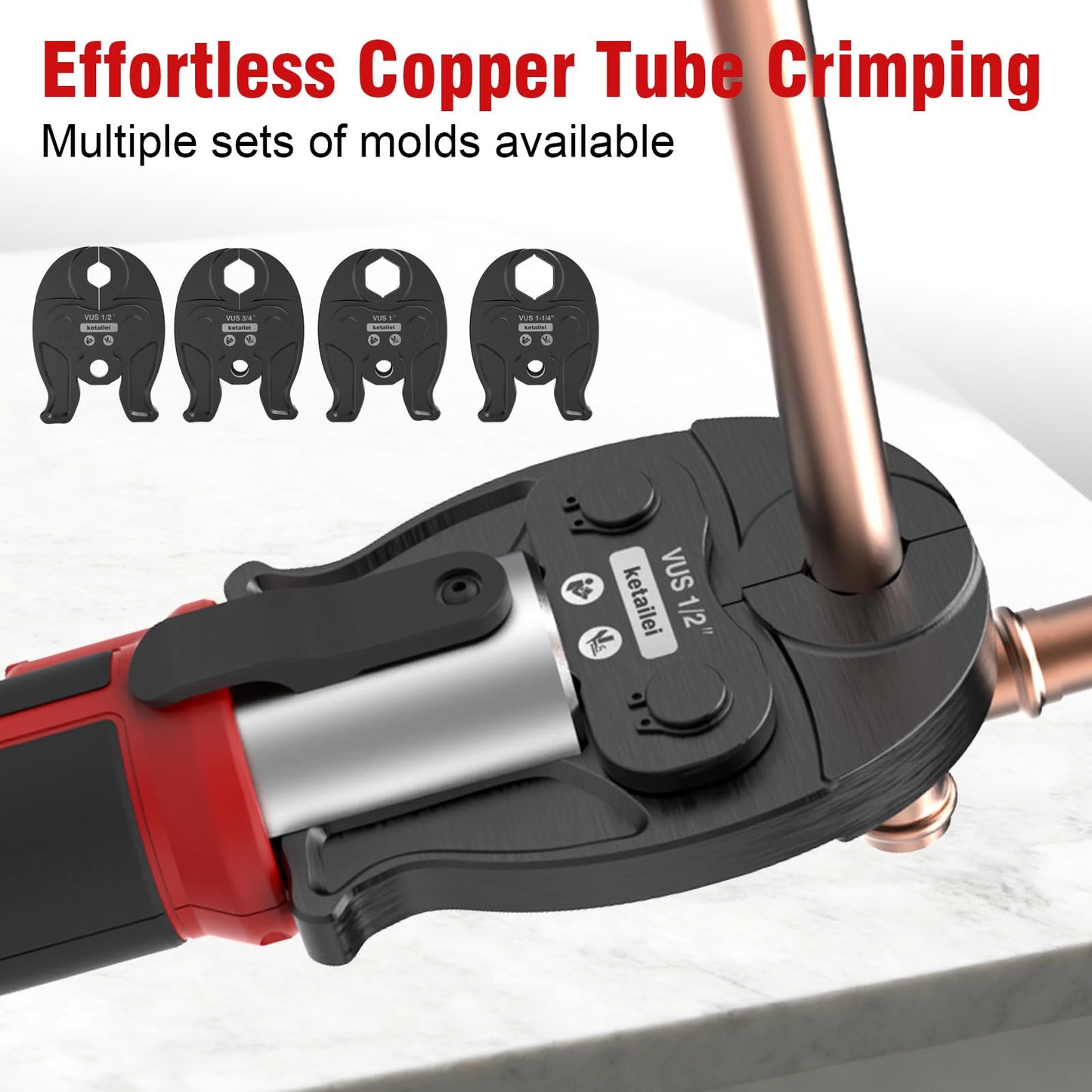 ketailei KF-1930V Cordless Copper Pipe Crimping Tool for Plumbing, 5.0Ah Battery Powered with VUS 1/2" 3/4" 1" 1-1/4" Crimping Dies, 350° Rotatable Head（KF-1930V）