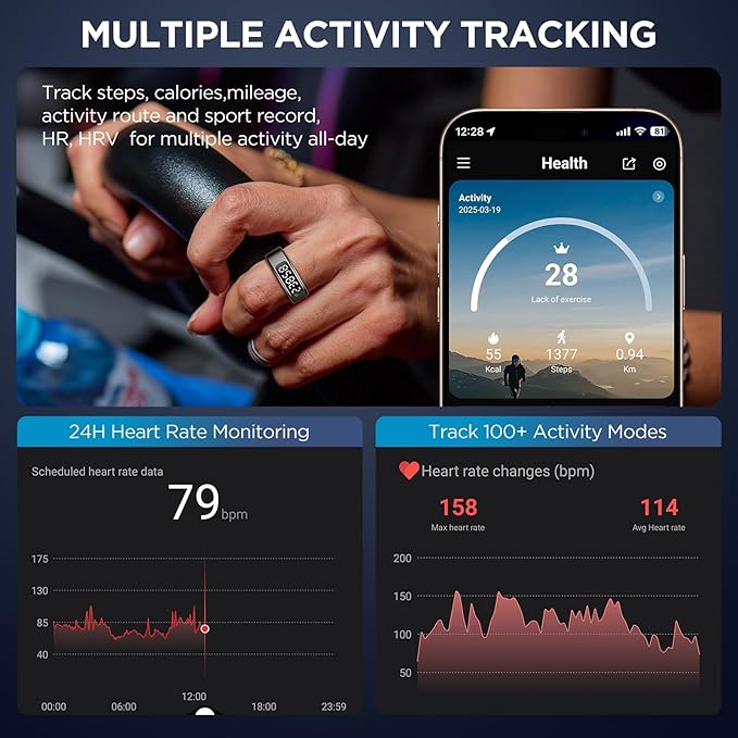 Smart Ring Health Tracker with Display Screen, Sleep Tracker with Heart Rate, Fitness Ring Step Tracker for Activity Monitoring/Steps/Calories,Wireless Charging, for iOS Android (Silver,9#)