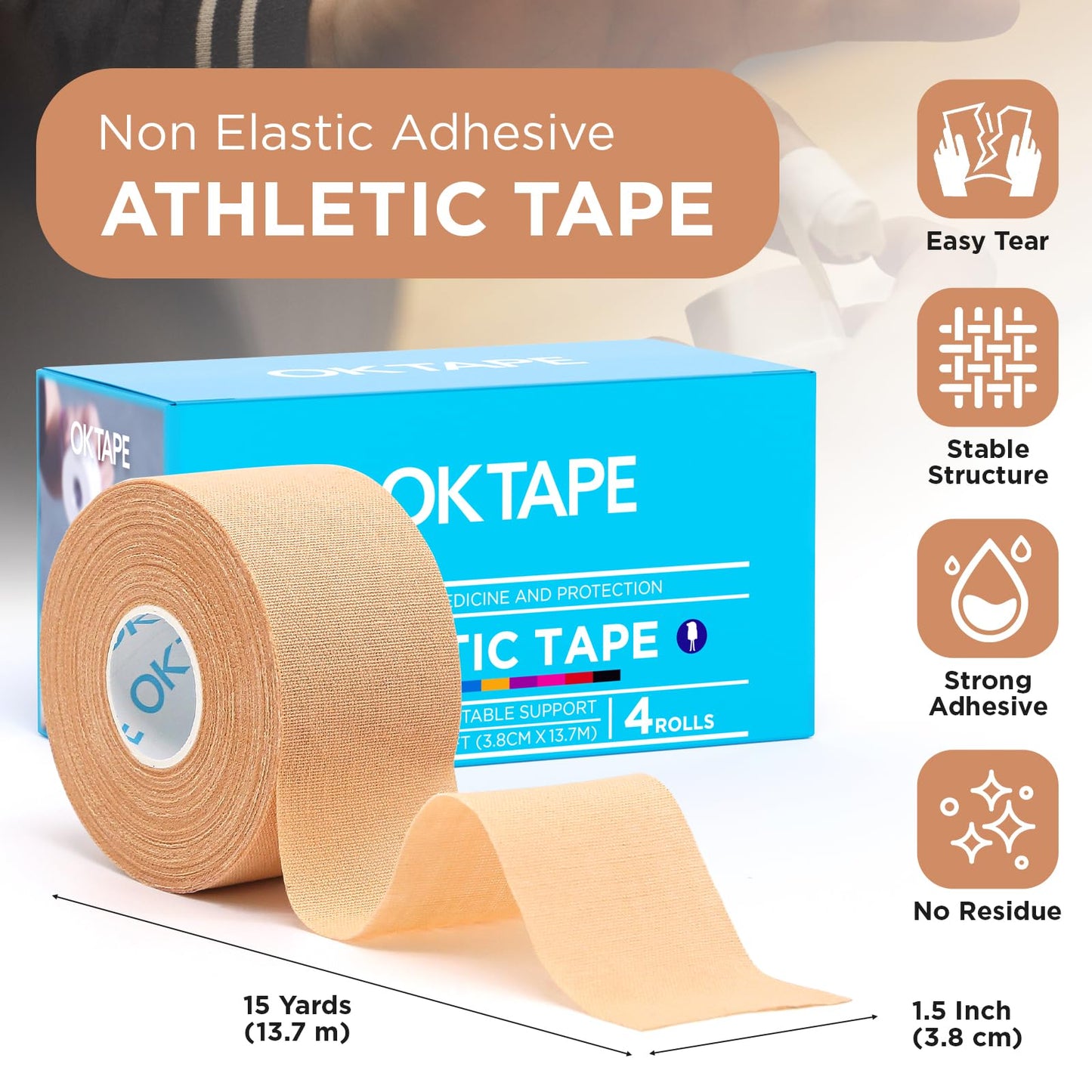 OK TAPE 4 Rolls Athletic Tape, Sports Tape for Injuries, Rigid, Easy Tear Medical Tape, Wrist Tape, No Sticky Residue | Secure Ankle, Finger, Knee- 1.5inch x 15yards (Beige)