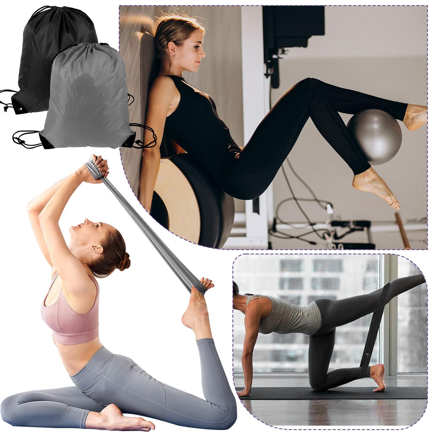 21 Pcs Pilates Ring Circle Set for Women, Includes Ball Yoga, Ring Stretching, Strap Bands, Non Slip Socks, Back Bags for Workout, Commonly Used for Yoga, Pilates, Stretching, Fitness(Black,Gray)