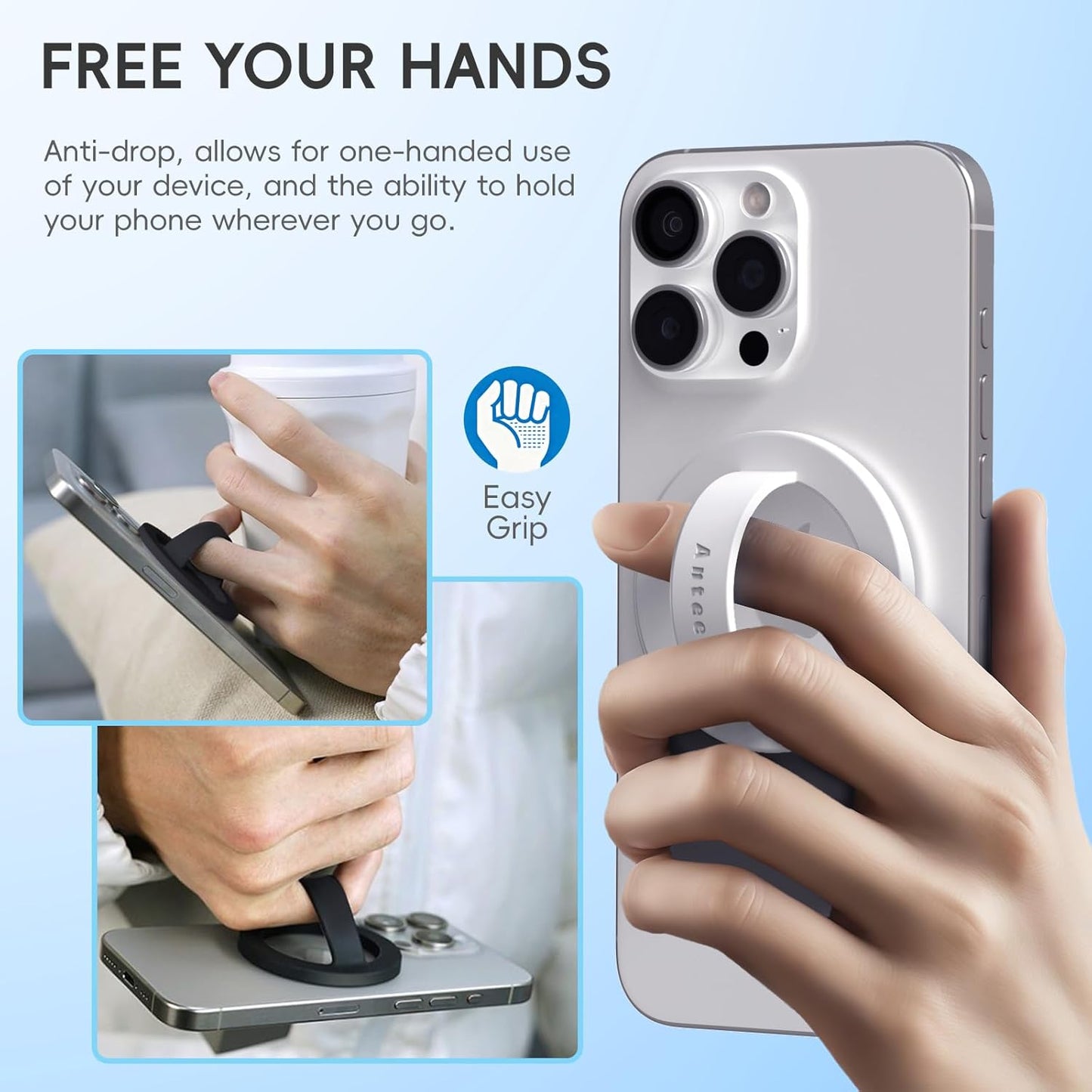 Anteel Magnetic Silicone Ring Grip Phone Holder, Strong Magnetic Attraction, Comfy and Portable, Removable Finger Loop