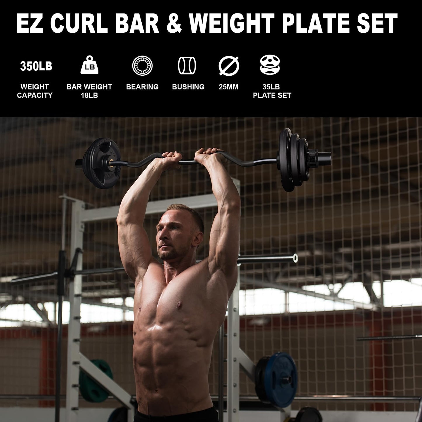 LIONSCOOL Black EZ Curl Bar with 35lb Weight Plate Set and Barbell Clamps