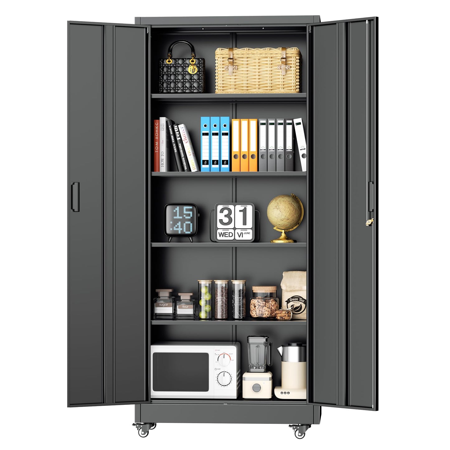 INTERGREAT73 Garage Storage Cabinet with Wheels, Rolling Metal Storage Cabinet with Locking Doors and 4 Adjustable Shelves,- 73" Steel Tool Cabinet for Home Office,Garage,Warehouse，Black