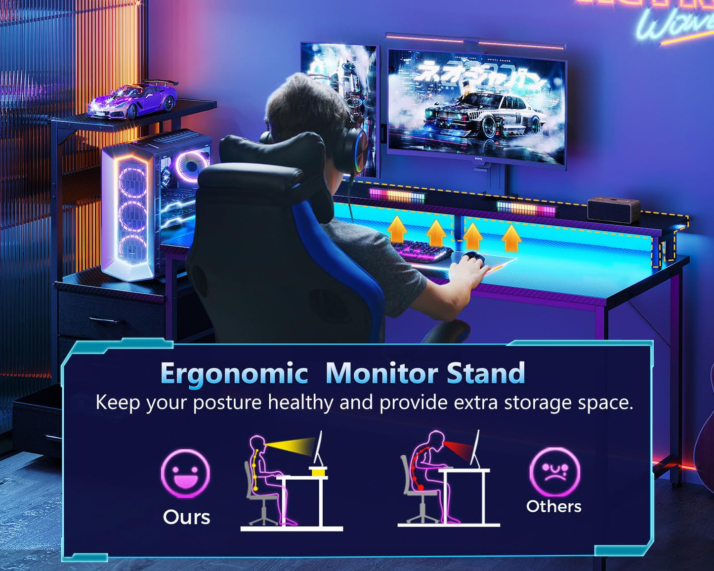 AODK 59 Inch Gaming Desk with LED Light- Reversible Computer Desk with Storage Shelves & Monitor Stand, Modern Gamer Desk Table with Fabric Drawers, Black