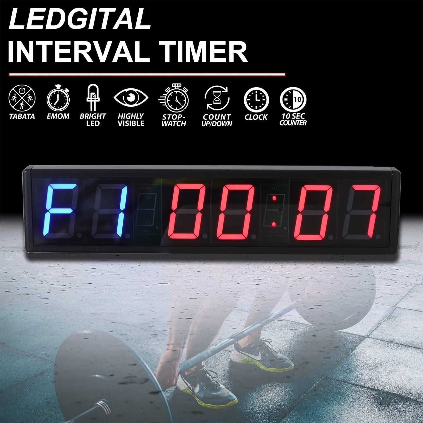 Ledgital Large Interval Gym Clock for Workouts Size 20x4.7in. Operated by Remote Control