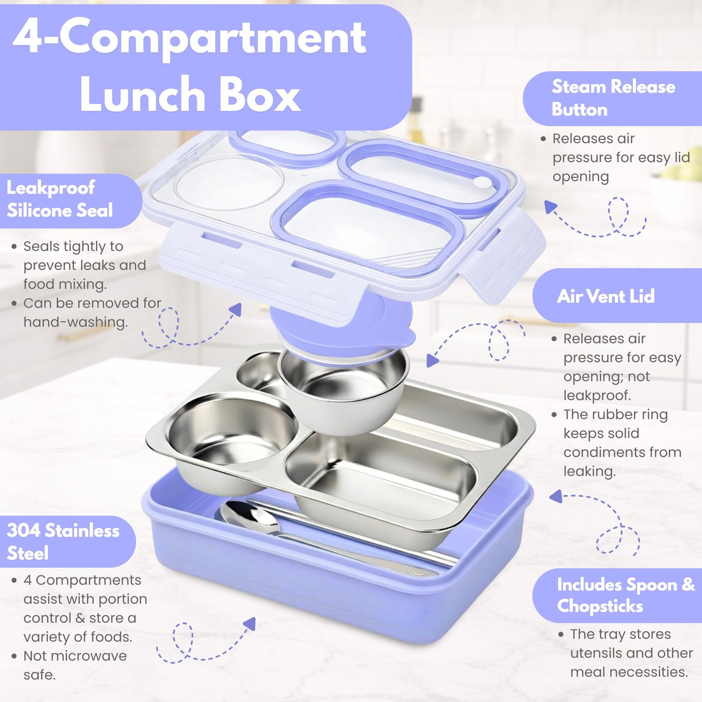 Homaze Kids Stainless Steel Bento Lunch Box, 4-Compartment Food Container with Condiment Cup, Chopsticks and Spoon, Leak-Resistant (Purple)