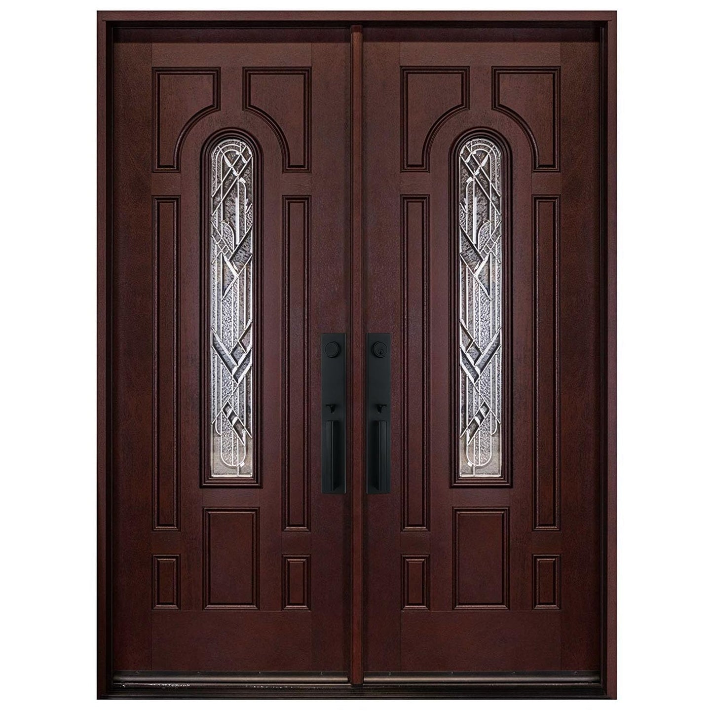 BGW Doors Mahogany Finish Fiberglass Double Front Entry Door with Brickmould and Decorative Glass, Prehung Pre-Finished Exterior Door, Right Hand Inswing, 36x36x80