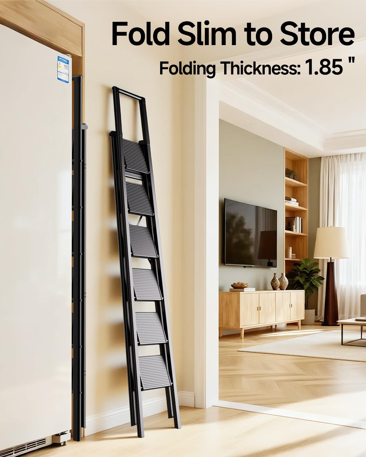 SOLADDER 6 Step Ladder with Handrails, Anti-Slip and Foldable Step Stool with Widen Pedals, Portable Stepladders for Home, Kitchen and Indoor, Space Saving -300lbs (Black)
