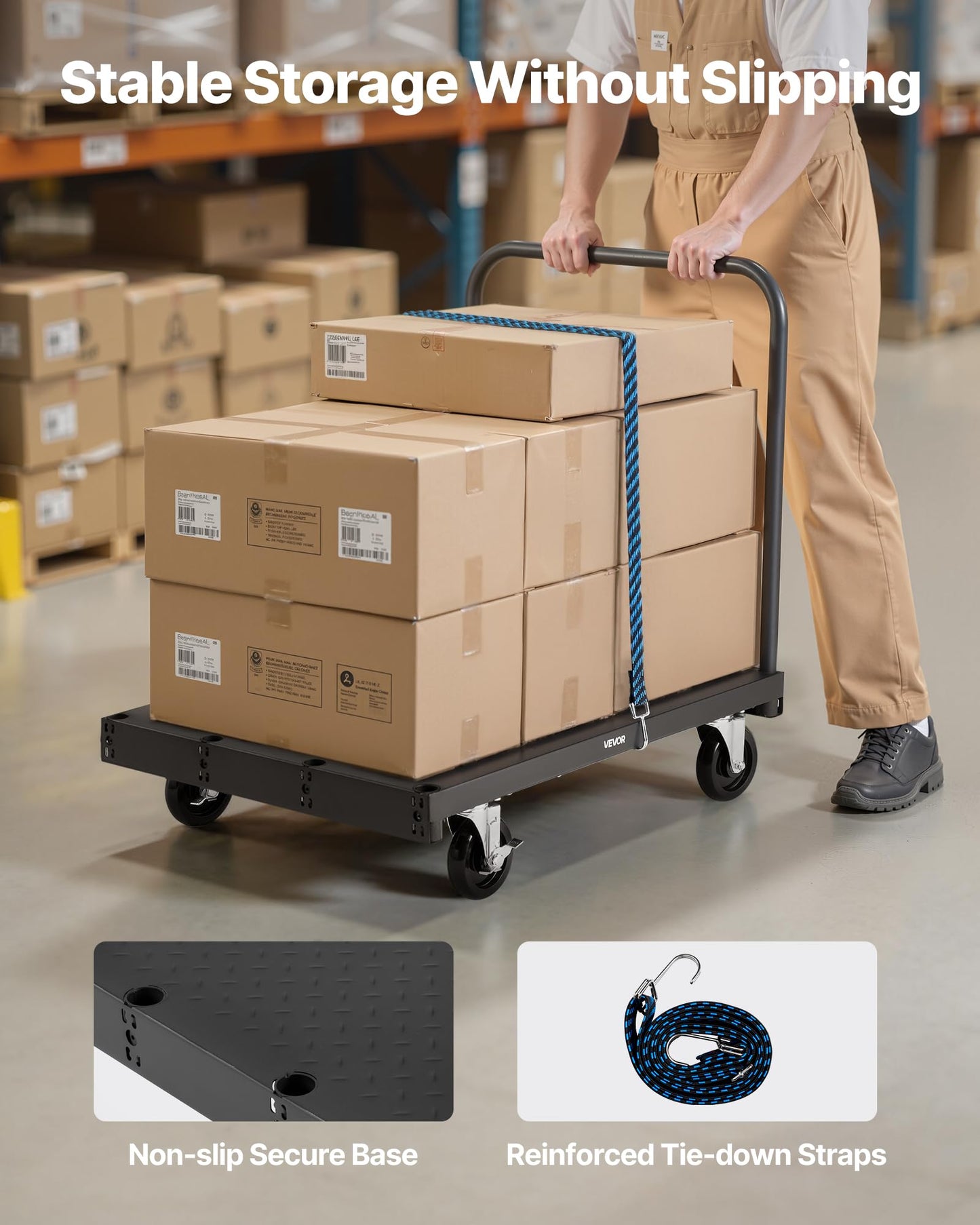 VEVOR Drywall Cart Dolly, 1800 lbs Load Capacity, 2-in-1 Steel Panel Truck Cart with 5 inch Swivel Casters, 36 x 24 inch Platform Truck with 3 Side Handrails for Factory, Warehouse, Garage, Black