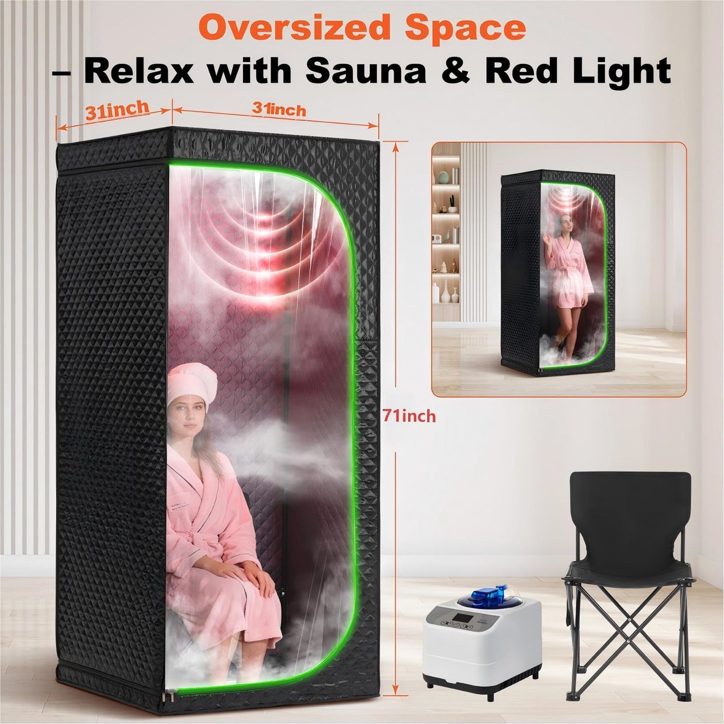 UNANEST Portable Steam Sauna Tent for Home, Infrared Sauna, Tent with Clear View Door and Red Light, Black, Full Size Square Sauna for Home, 3L Steamer, 9 Heat Levels