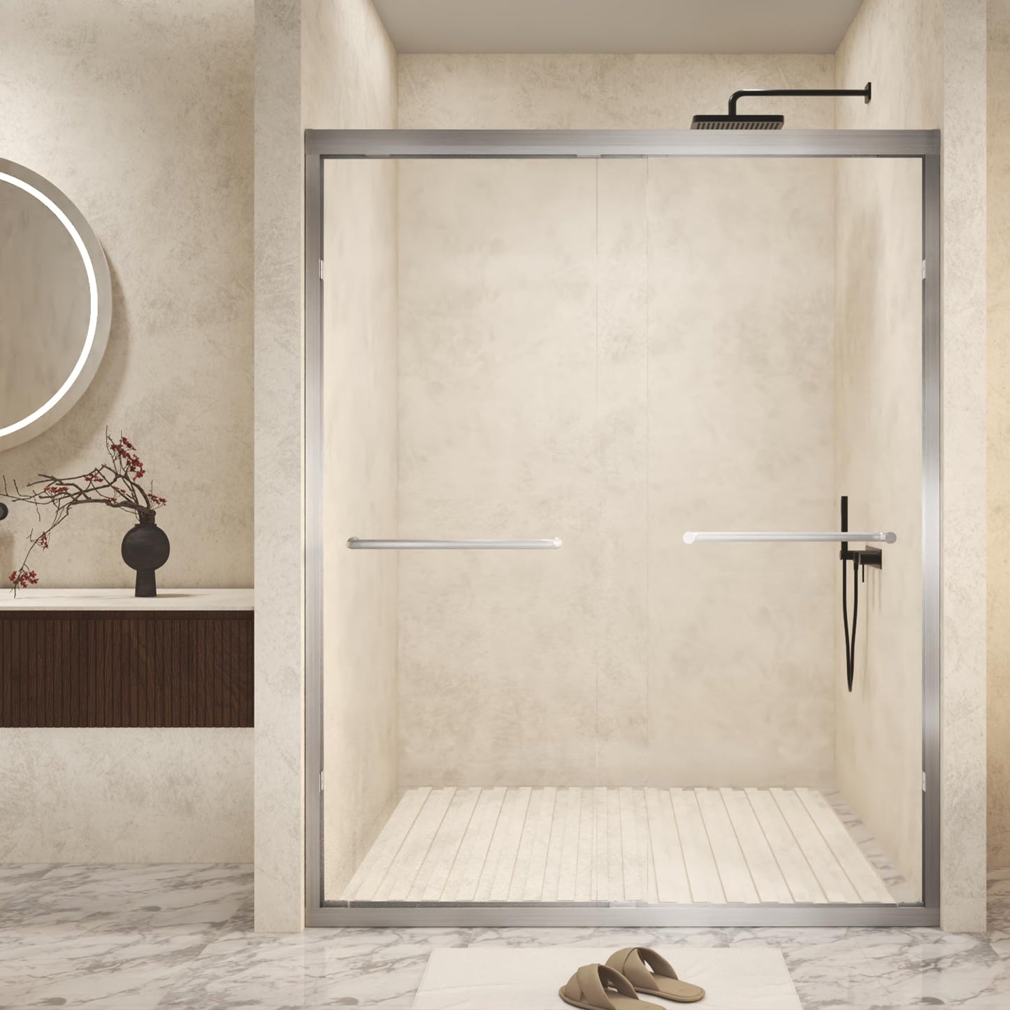 Favfurish 56-60"x 72" Shower Door,Aluminum Frame Double Sliding Shower Doors with 1/4 (6 mm) Tempered SCGG Glass,Explosion Proof Film,Stainless Steel Handle,2 inch Adjustment,Brushed Nickel