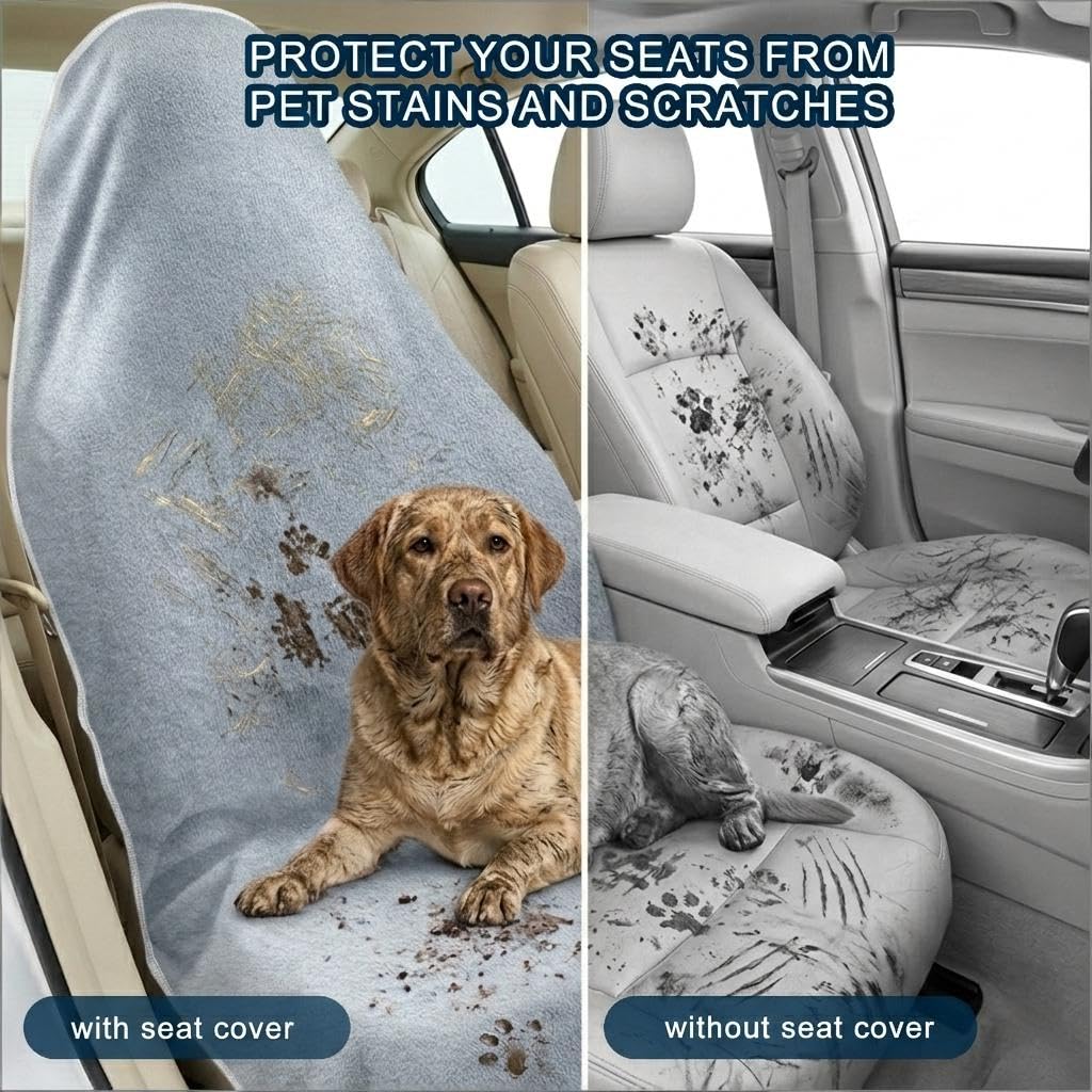 CORTHENA Car Seat Towel Cover, 2pcs Universal Front Seat Protector for Cars, SUVs and Trucks, Sweat Towel Car Seat Cover for Gym, Yoga, Swimming, Pets and Family Travel, Light Gray