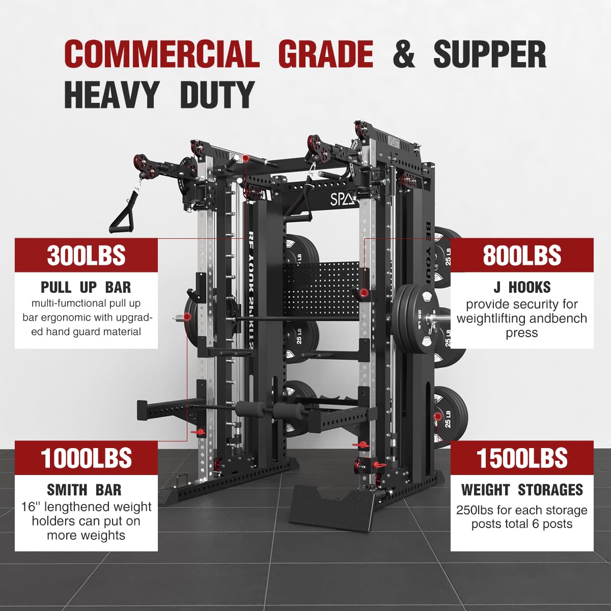 Commercial Smithe Machine with Weight Stack, All-in-One Power Cage Squat Rack Home Gym System with Leg Press Attachment & Cable Crossover, Multi-Functional Trainer with Dual Pulley System for Home Gym