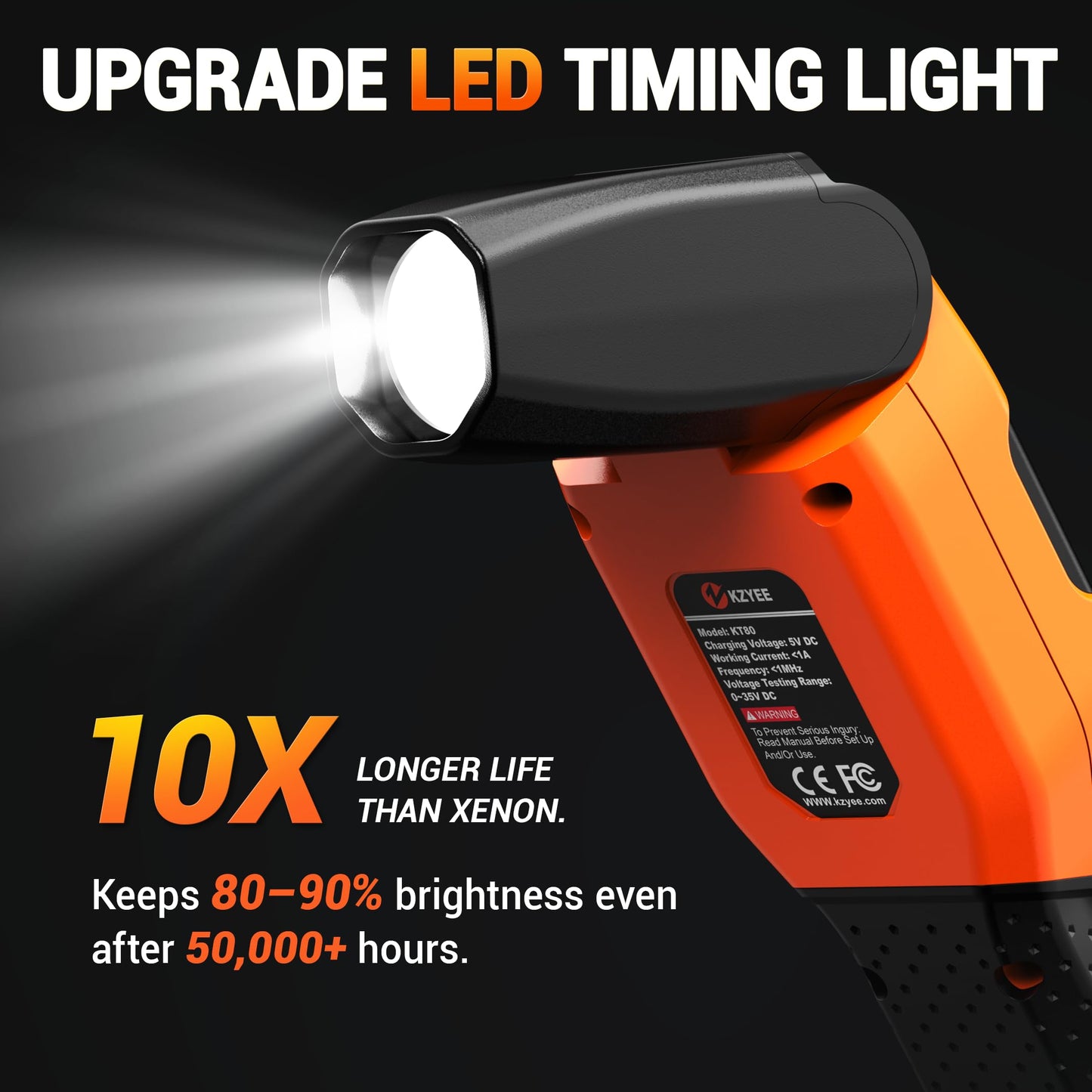 KZYEE KT80 Automotive Inductive Timing Light with Tachometer (RPM), Advance, Dwell Meter & 0-35V Voltage Test, 60° Adjustable LED Strobe, USB-C Rechargeable & 12V Backup, for Distributor Gas Engines