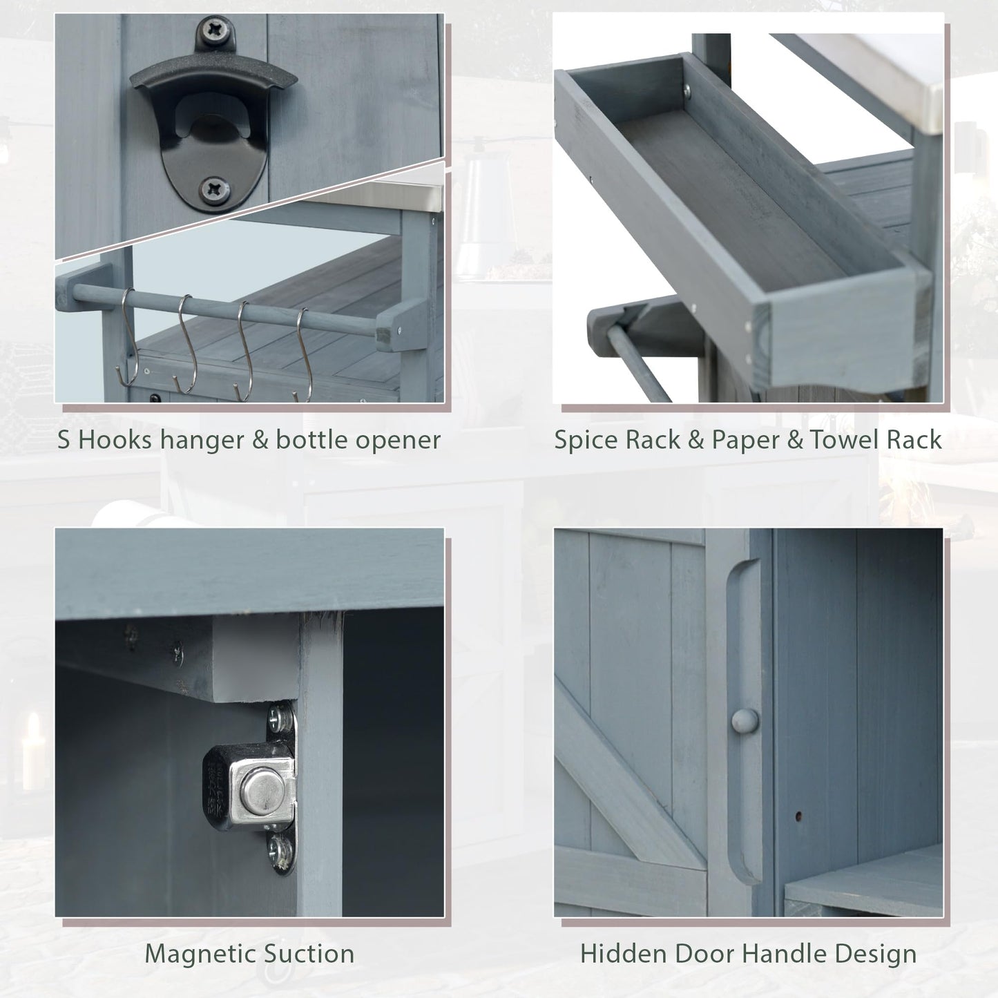 eodme Outdoor Cabinet for Patio Graden BBQ Grill Cart with Storage Cabinet, Home Rolling Kitchen Island Food Prep Table with Stainless Steel Top, Shelves, Spice Rack, Towel Rack(Grey Blue)