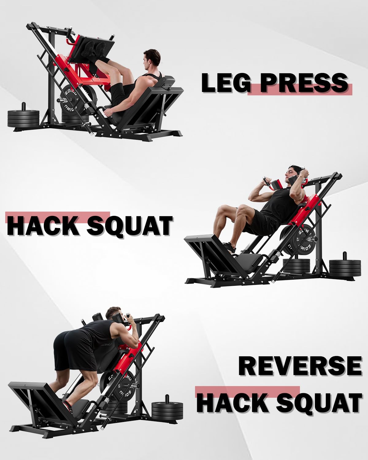Goimu Leg Press Hack Squat Machine with Back Support Cushion, 3 in 1 Adjustable Leg Press & Hack Squat Machine with Quad Track Roller System