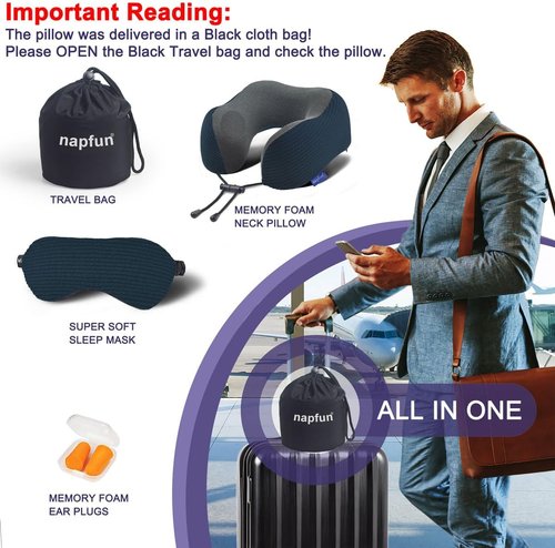 Napfun Neck Pillow - Memory Foam Travel Pillow with Pouch, Sleep Mask & Earplugs | Deep Blue Striped Kit