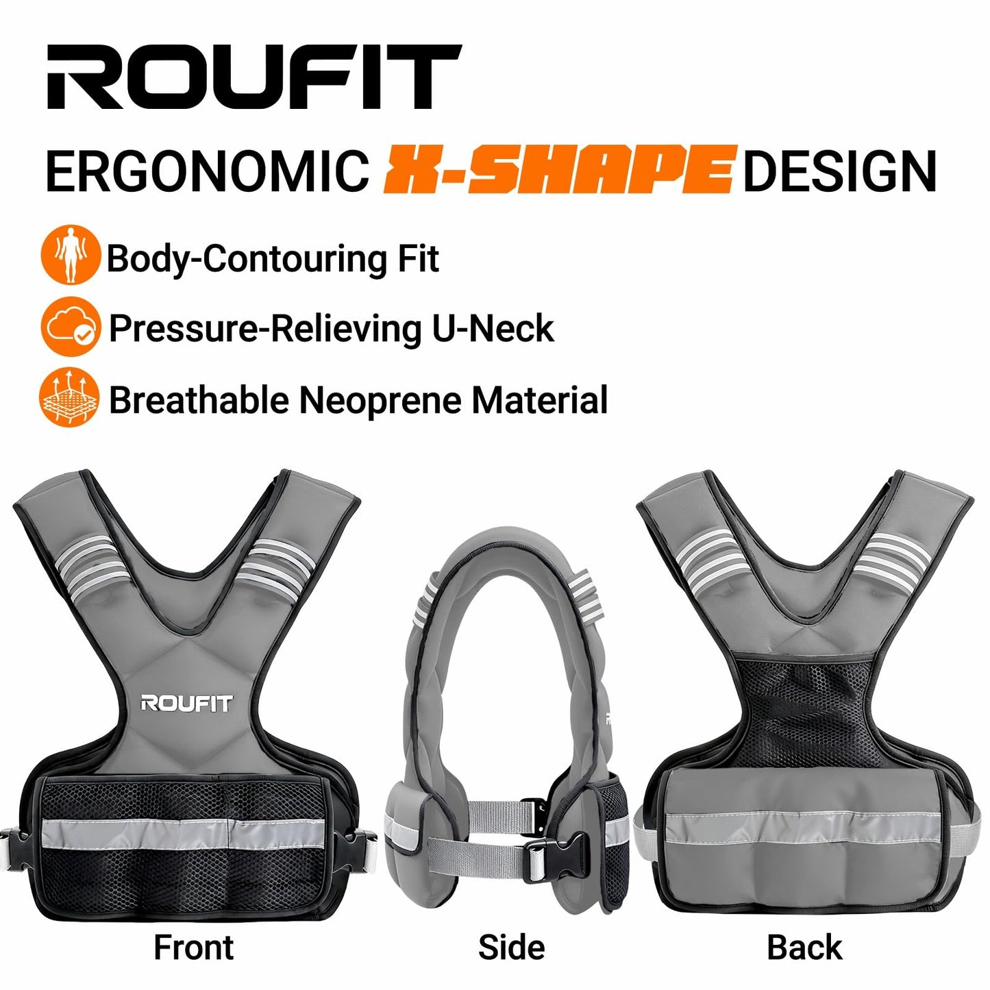 ROUFIT Women Adjustable Weighted Vest 4-10lb/6-15lb | Soft Neoprene Comfort, Reflective Strips & Front Pocket | Rucking Vest for Men & Women | Running, Walk & Cardio Workouts (Gray, 6-15 LB)