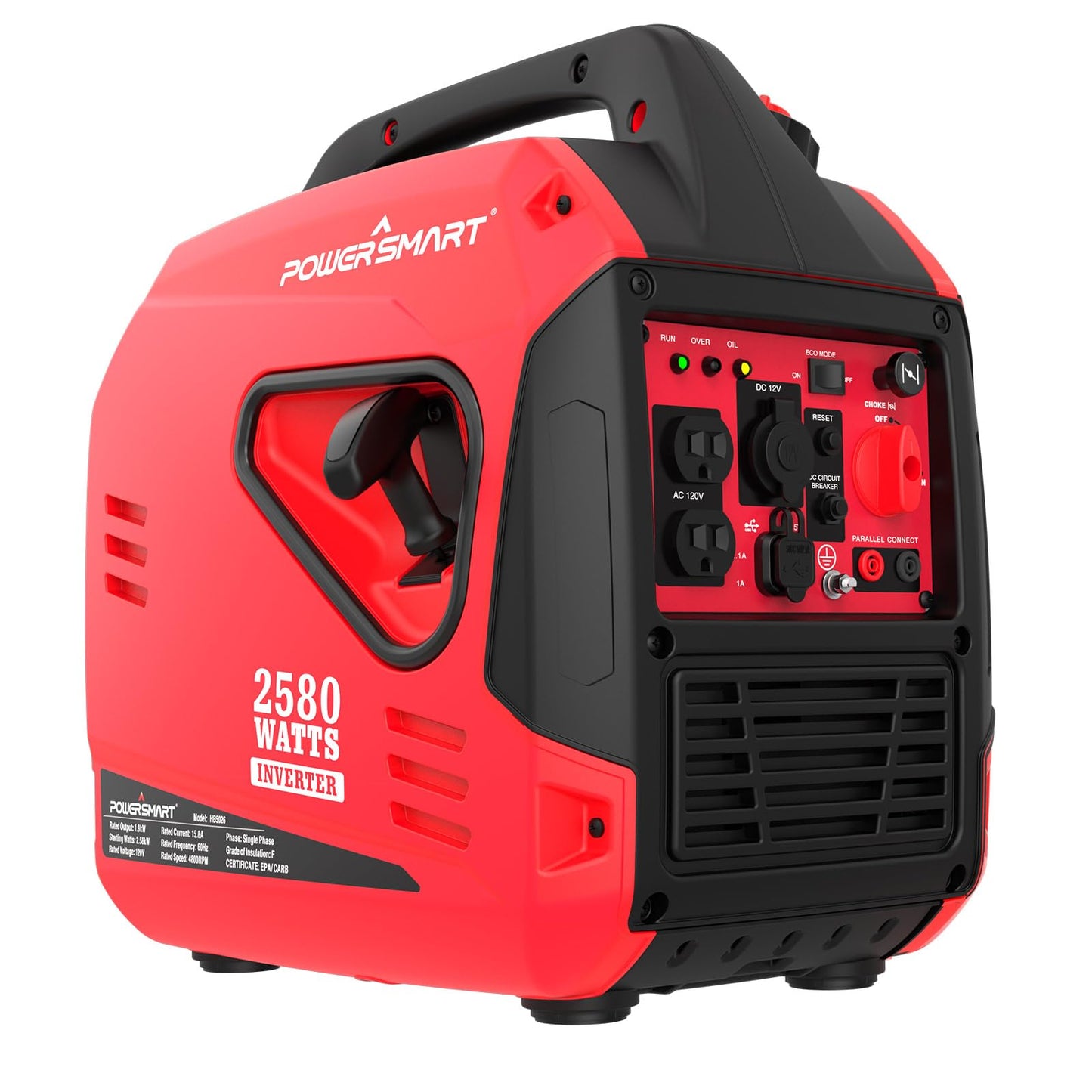 PowerSmart 2580W Portable Inverter Generator, Super Quiet Gas Powered Engine, 79cc 4-Stroke OHV, 120V AC & 12V DC Output, EPA Compliant for Outdoor Camping, Tailgating and Home Backup