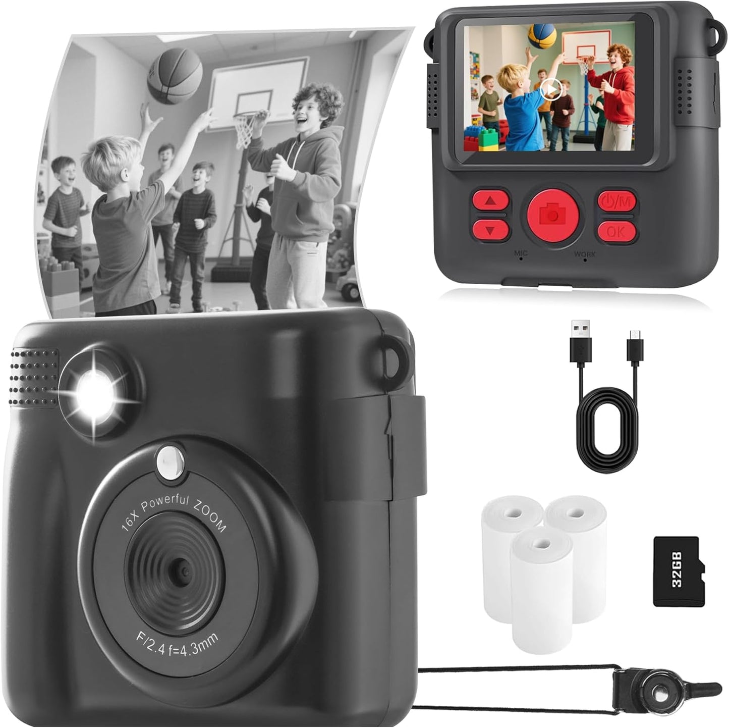 WEEFUN 2.4 Inch 1080P 16X 32GB 4 5 6 7 8 9 10 Kids Camera Instant Print, Safe Toddler Camera, Screen, with Zoom, TF
