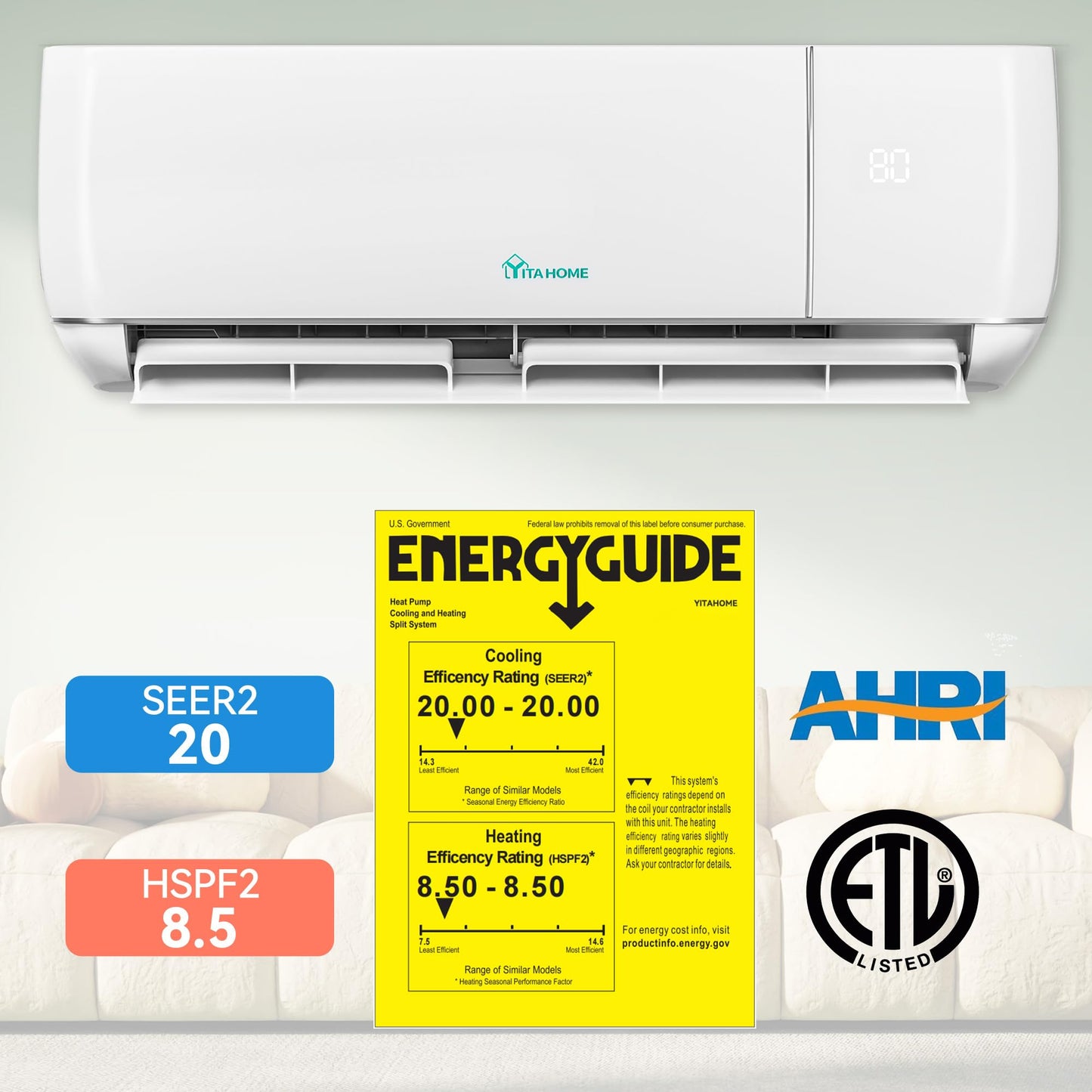 YITAHOME 12000 BTU Mini Split Air Conditioner Heat Pump System, Wifi Enabled 20 SEER2 115V Inverter Ductless AC Cool Up to 750 Sq. Ft, Compatible with Alexa, Complete Installation Kit, White