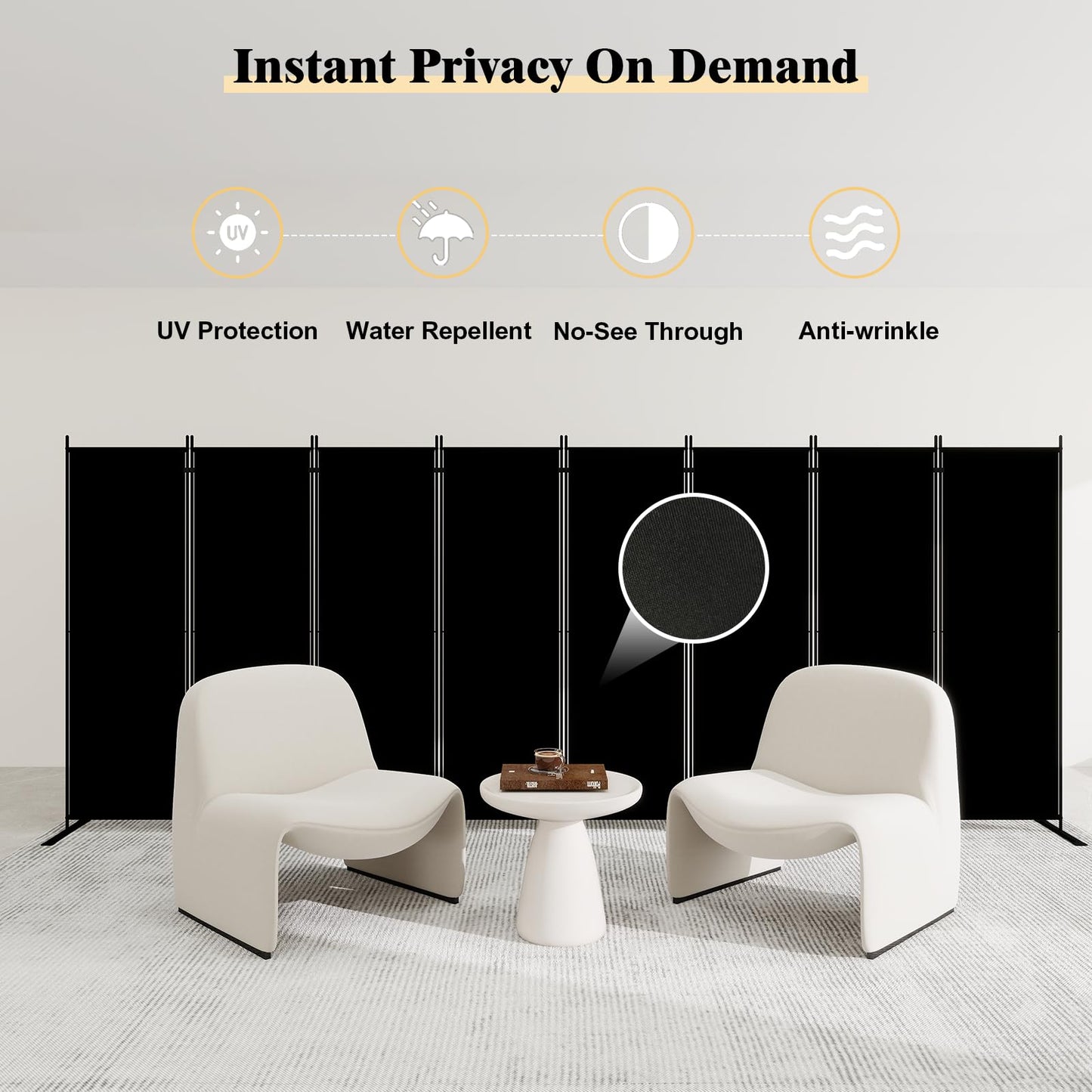 T&Jero 8-Panel Folding Room Divider, 6ft Tall Portable Privacy Screen Wall for Home and Office, Modern Freestanding Partition Separator for Bedroom, Studio, 173" Wide x 71" High, Black