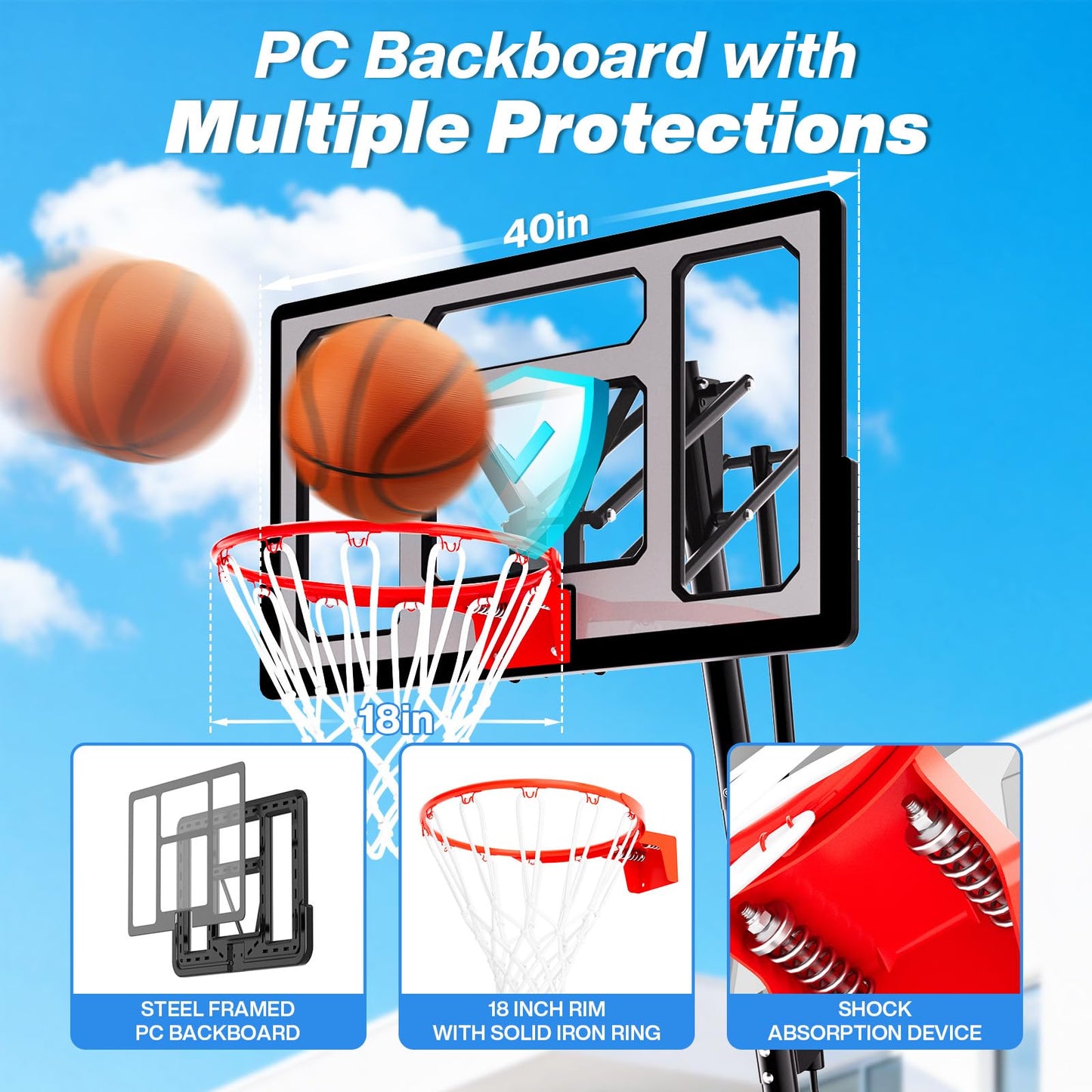 AWII SPORT Basketball Hoop Outdoor 40Inch Impact Backboard, 5.3-10FT Height Adjustable Basketball Hoop Goal System with Portable Wheels for Adults (Black, 40inch Backboard)