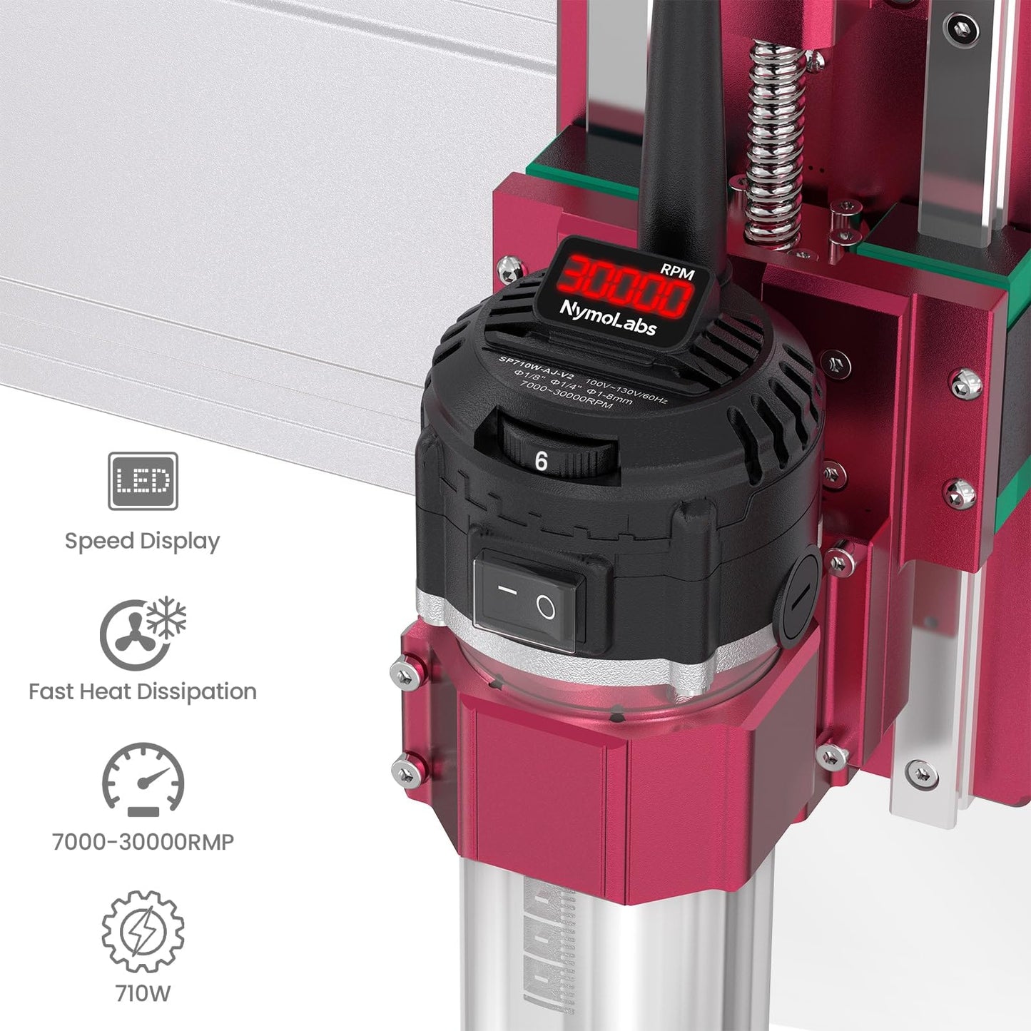 NymoLabs 710W CNC Router Spindle Motor with Speed Display, 6-Speed Adjustable (7000–30000 RPM), 65mm Diameter, 1/4" ER11 Collet, Compatible with CNC Routers, Milling and Engraving Machines