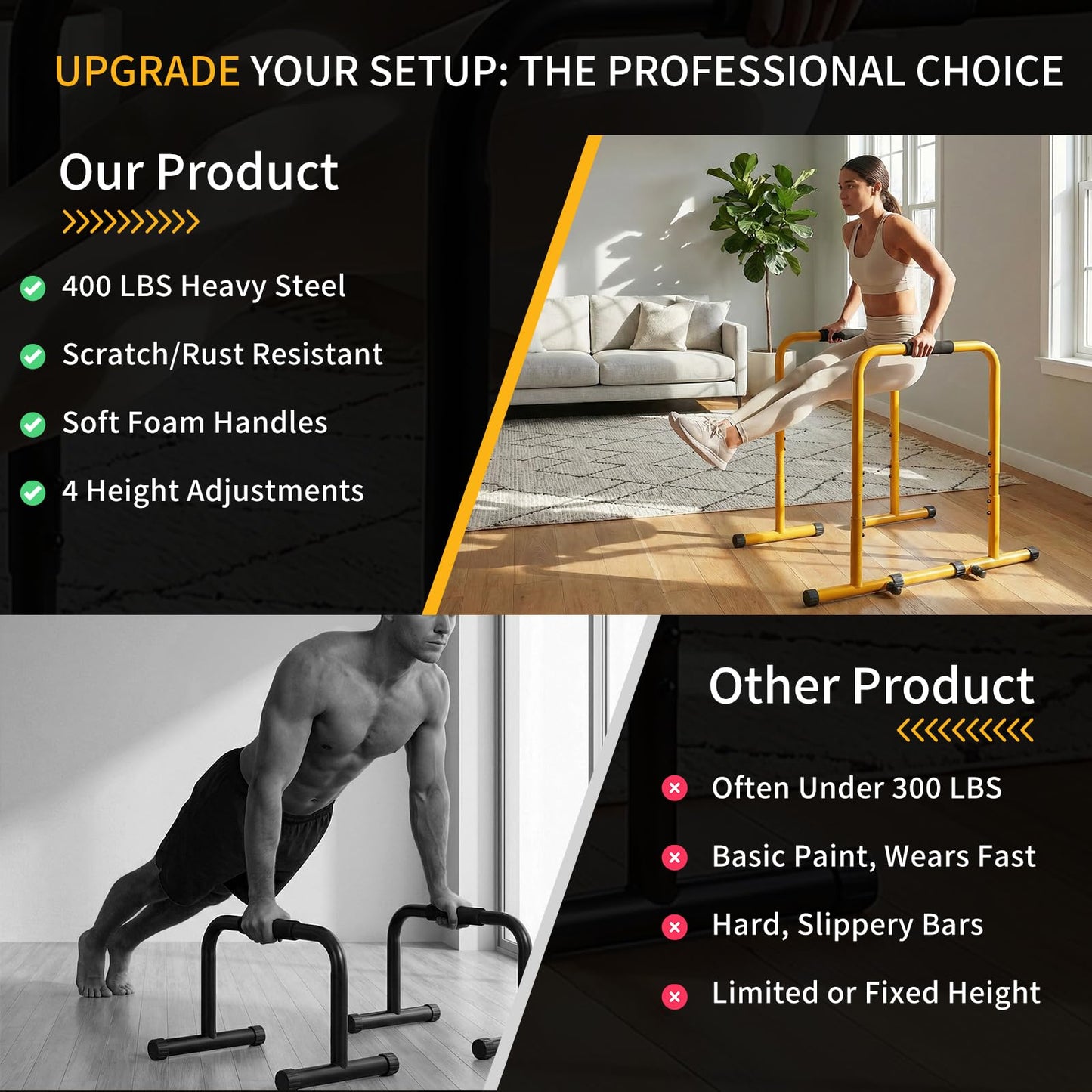 NEWBULIG Dip Bar Station, Adjustable Parallel Parallettes Bar with Soft High-Density Foam Handles, Heavy Duty Dip Stands Workout Equipment for Home, Gym, Patio, Office - Yellow