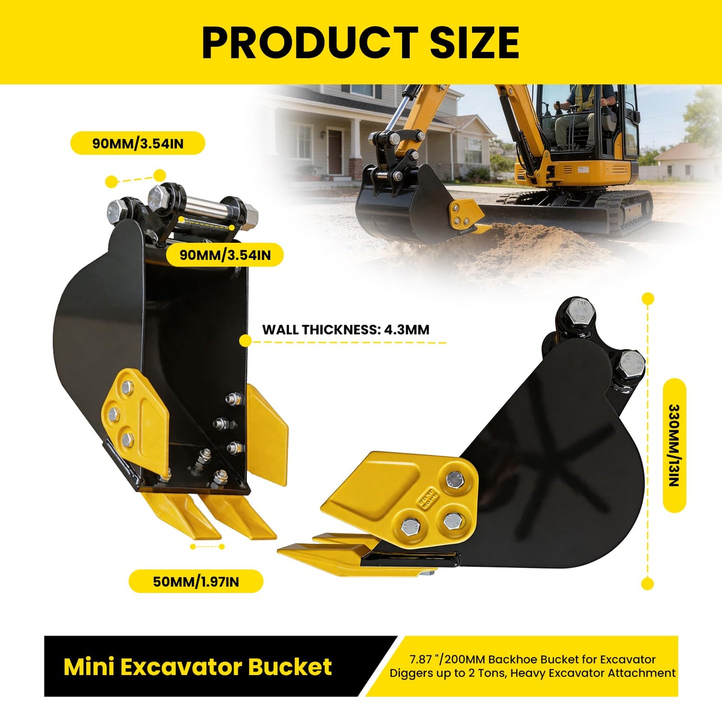 Mini Excavator Bucket, 7.87 "/200MM Backhoe Bucket for Excavator Diggers up to 0.8-2 Tons, Heavy Excavator Attachment, Forged Carbon Steel Teeth with Bolted Connection