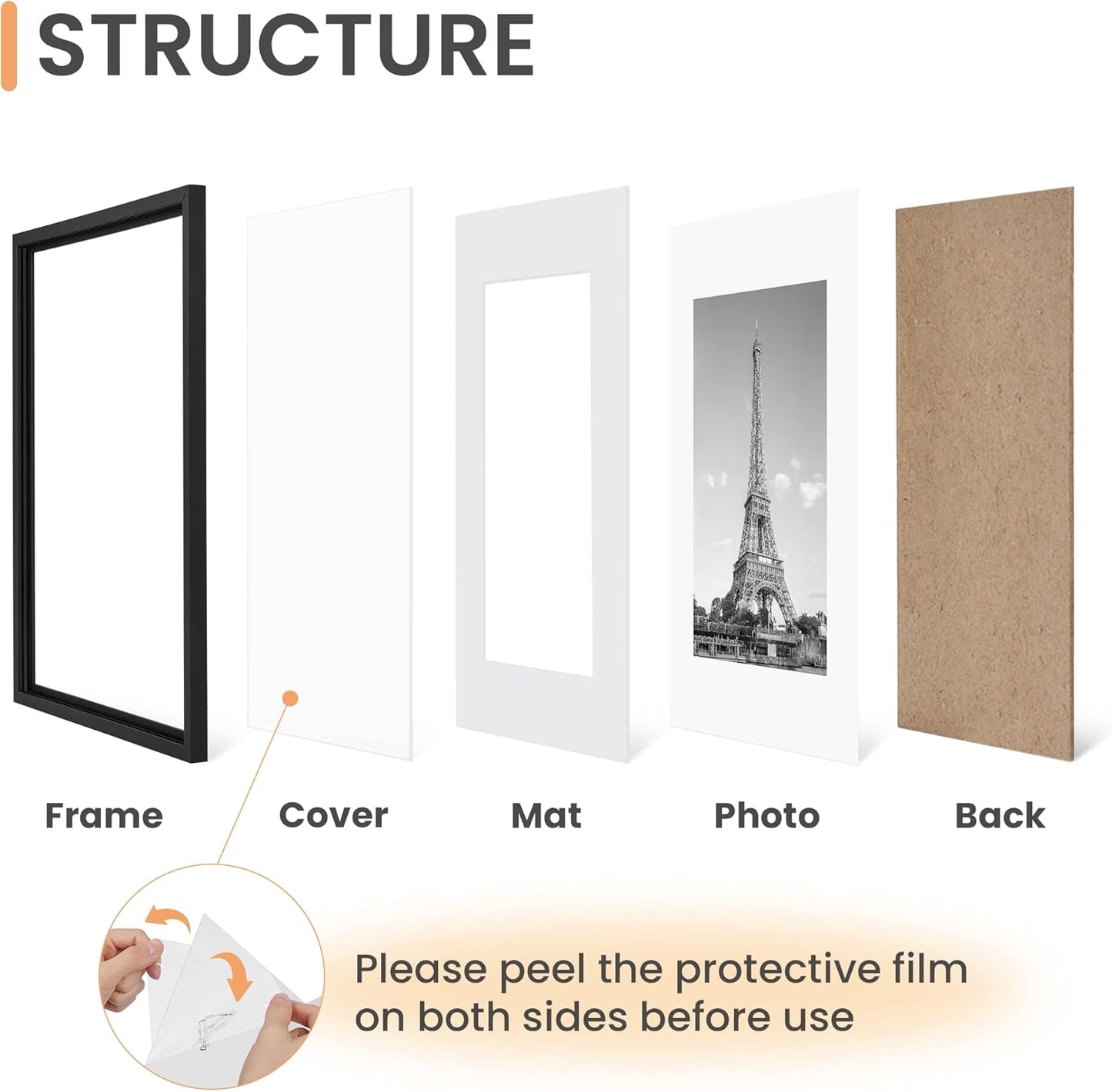 Upsimples 18x24 Picture Frame Set of 5 - Display 16x20 with Mat or 18x24 Without - Black Wall Gallery Frames