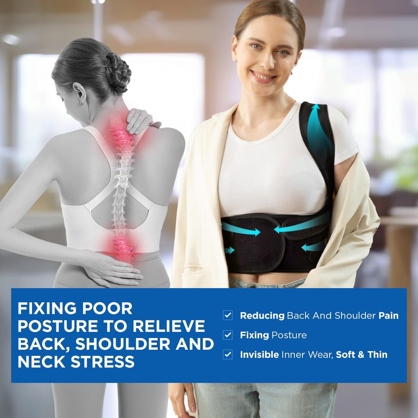 Vicorrect Posture Corrector for Women and Men: Back Support Brace Relieve Upper Back Shoulders Pain (Black, Large)