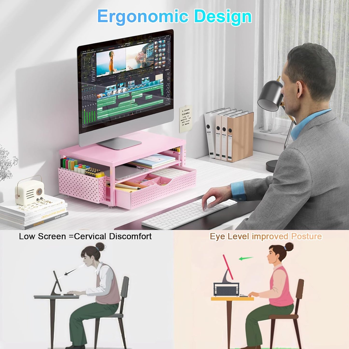 2 2-Tier gianotter Wood Monitor Stand Riser, Desk Organizer with Drawer and Pen Holders, Workspace Organizer for Office