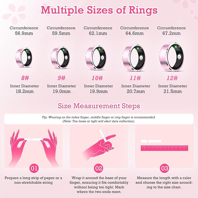 Smart Ring Health Tracker, Sleep Tracker Ring with Heart Rate, Waterproof Fitness Ring for Activity Monitoring/Steps/Distance/Calories,Air Gestures,Up to 7-Day Battery,for iOS Android (Light Pink,#10)