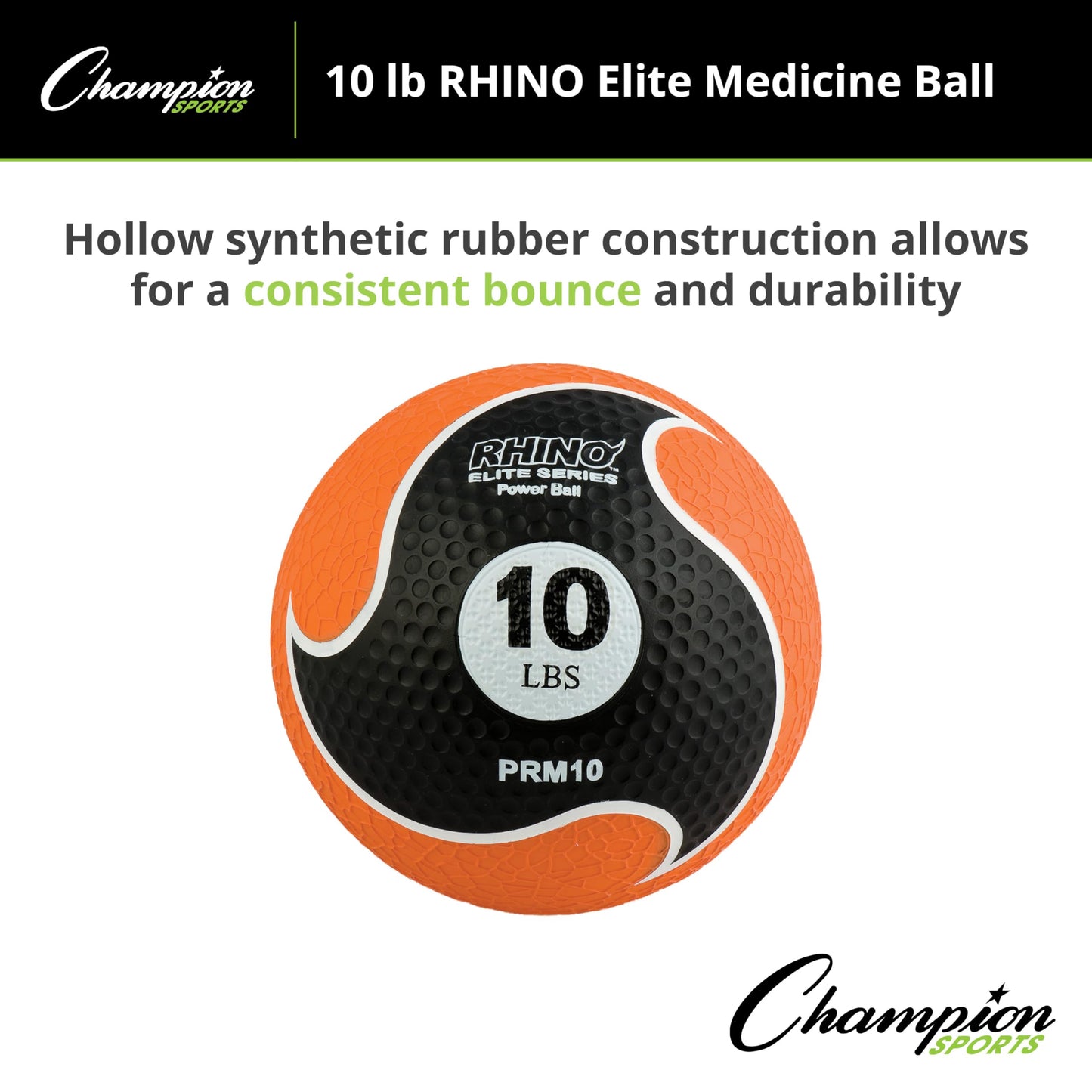 Champion Sports Rhino Elite Medicine Ball-Durable Rubber Weighted Ball & Textured Grip for Core Strength-Cardio & Cross-Training Workouts-Home or Gym Fitness-Orange (10lbs)