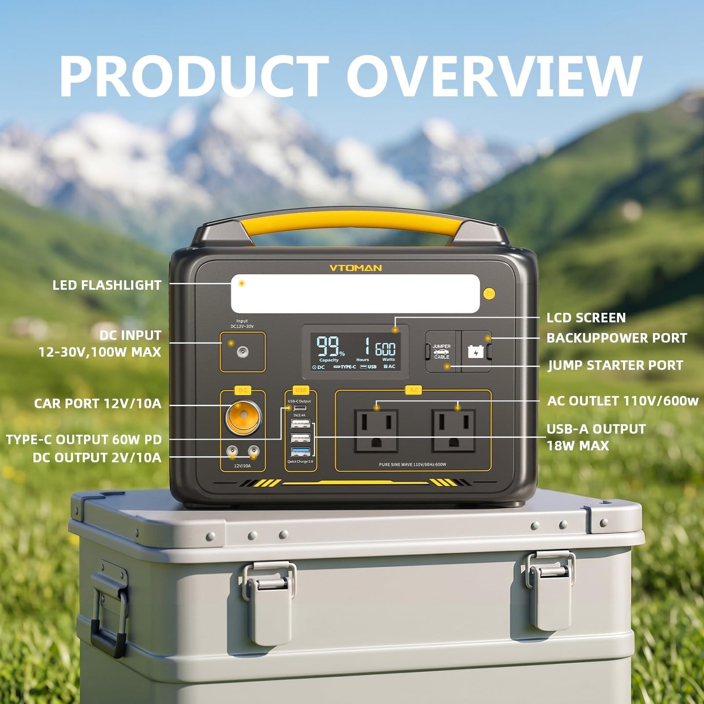 VTOMAN Jump 600X Portable Power Station 600W, 299Wh Solar Generator LiFePO4 Battery Power Station with Jump Start for Car, 1200W AC Outlet, PD 60W USB-C, 3x Regulated 12V/10A DC for Camping, RV Travel